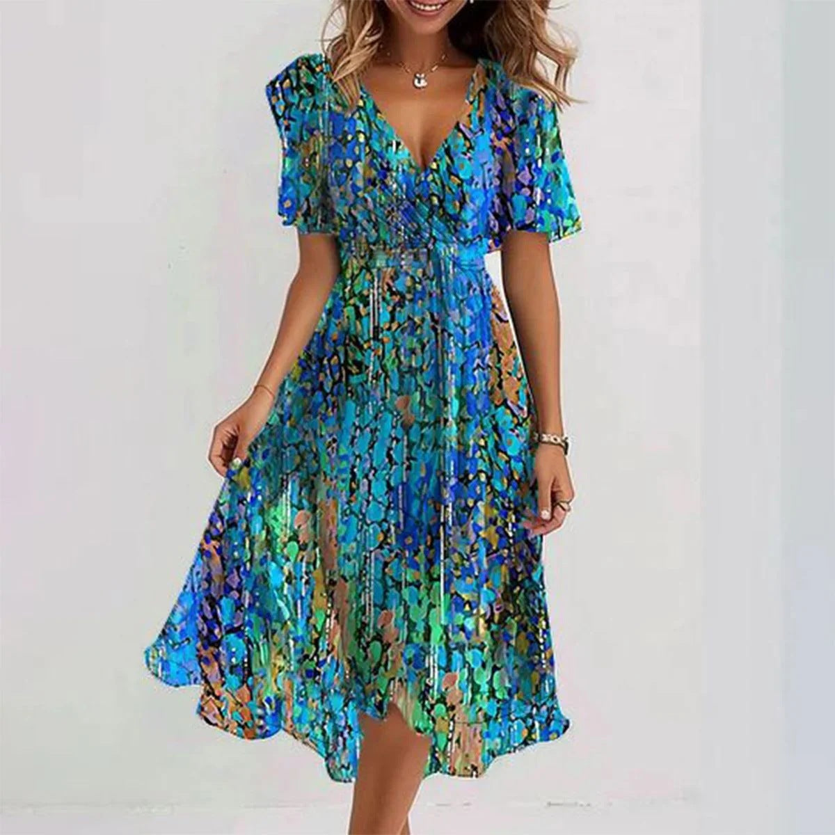 Trendy Floral V-Neck Knee Length Dress - VibreMode