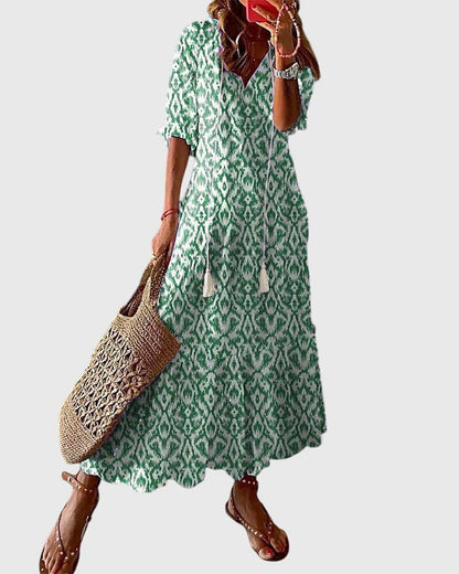 Trendy Floral V Neck Tassel Maxi Dress