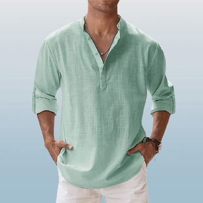 Men's Linen Blend Henley Shirt Long Sleeve Casual Beige