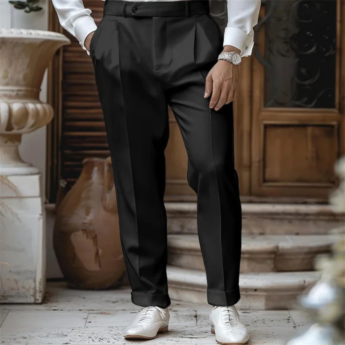 Men's Pleated Suit Pants Straight Fit Wool Black