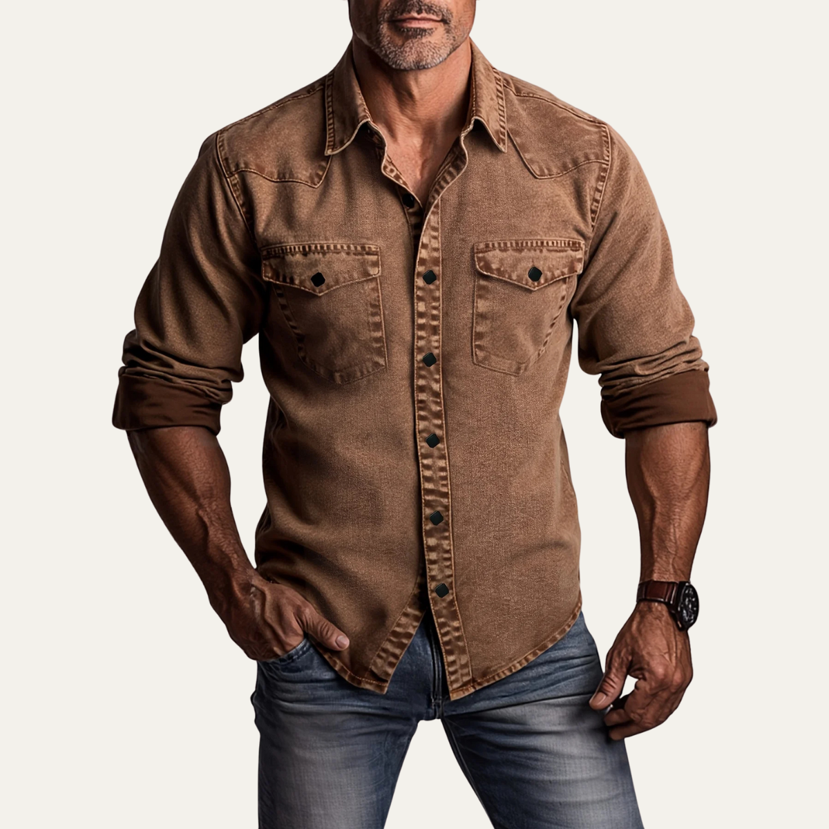 Men's Denim Shirt Brown Vintage Washed Cotton