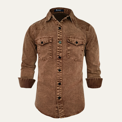 Men's Denim Shirt Brown Vintage Washed Cotton - VibreMode