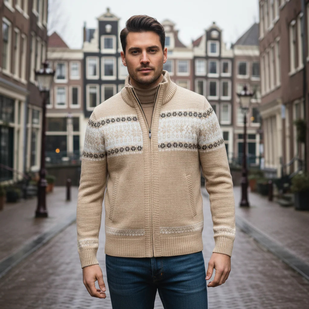 Men's Zip Up Knit Cardigan Nordic Pattern