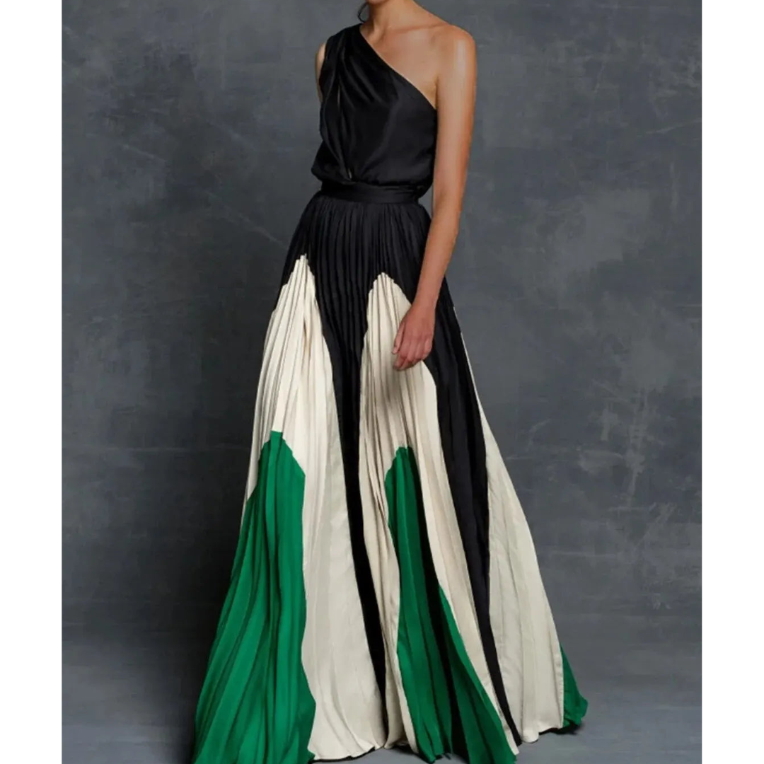 Women's Pleated Maxi Dress Color Block Gathered Waist