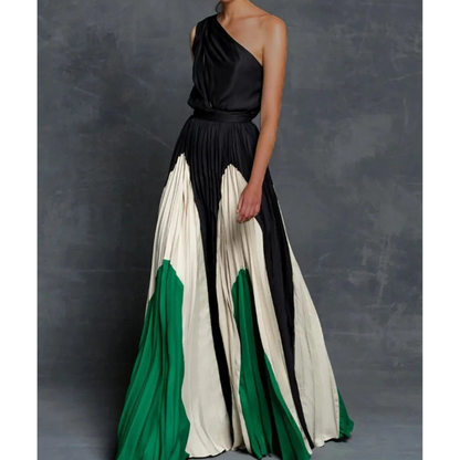 Women's Pleated Maxi Dress Color Block Gathered Waist