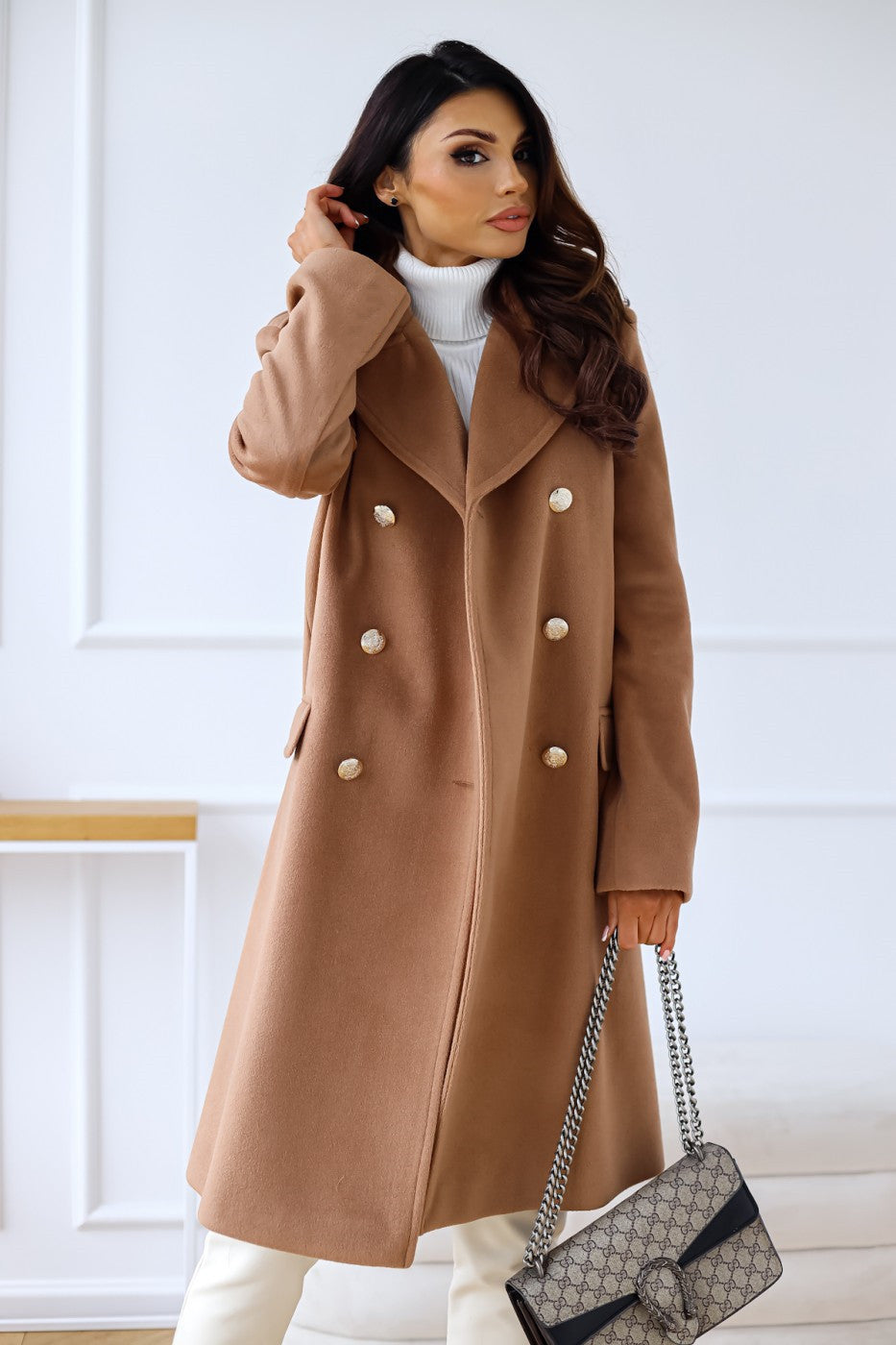 Women's Double-Breasted Long Coat Gold Button Accents