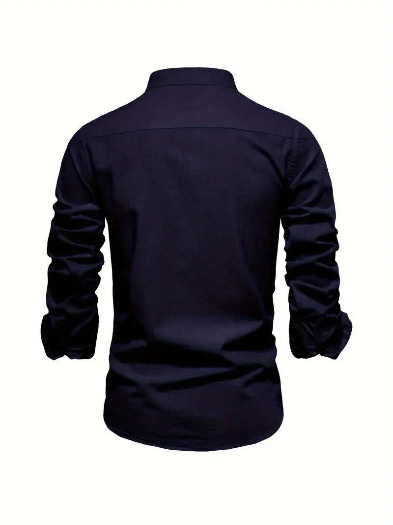 Men's Long Sleeve Button Shirt Band Collar White