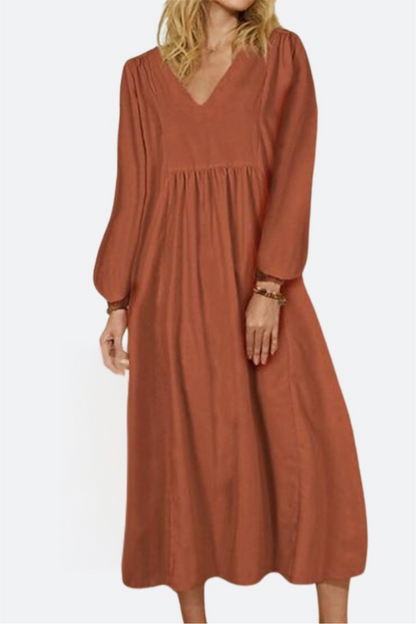 Fall Women's V-Neck Flared Sleeve Midi Dress - VibreMode