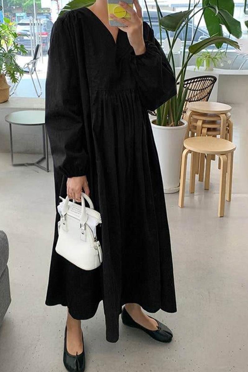 Women's V-Neck Midi Dress Smocked Waist Balloon Sleeves