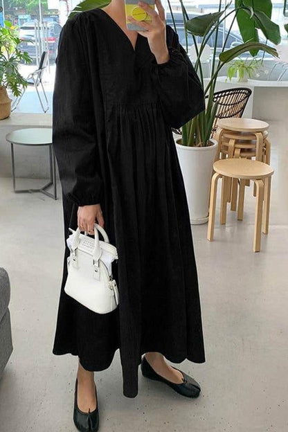 Women's V-Neck Midi Dress Smocked Waist Balloon Sleeves