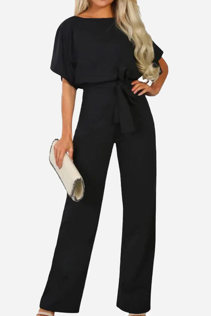 Women's Loose Fit Belted Jumpsuit with Flare Sleeves - VibreMode
