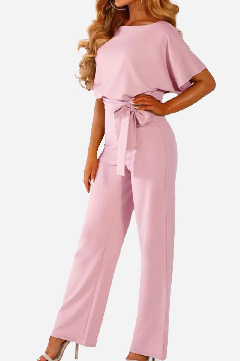 Women's Loose Fit Belted Jumpsuit with Flare Sleeves
