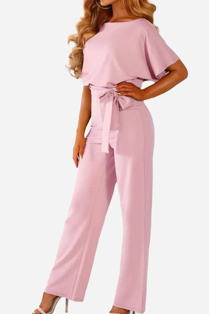 Women's Loose Fit Belted Jumpsuit with Flare Sleeves
