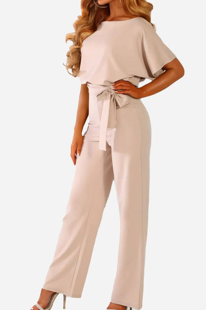 Women's Loose Fit Belted Jumpsuit with Flare Sleeves