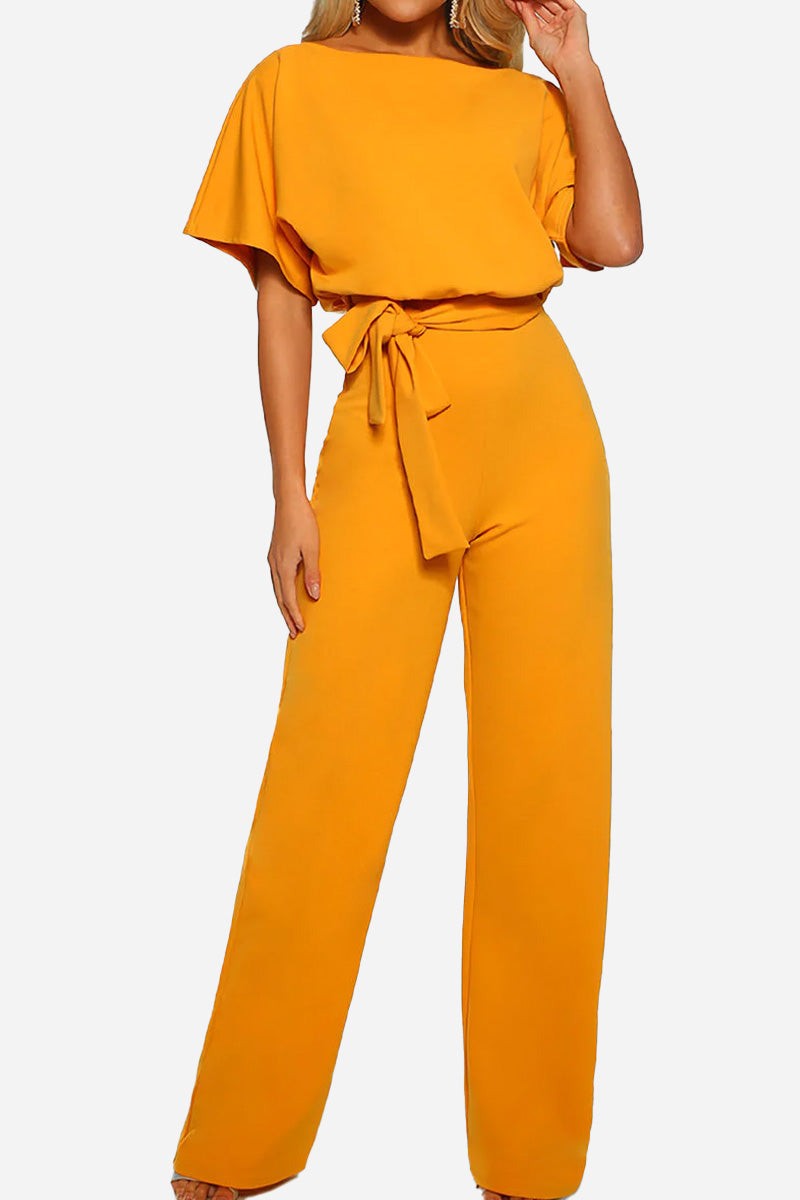 Women's Loose Fit Belted Jumpsuit with Flare Sleeves