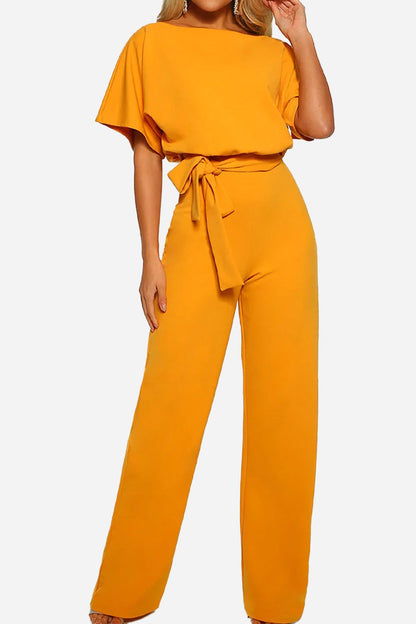 Women's Loose Fit Belted Jumpsuit with Flare Sleeves