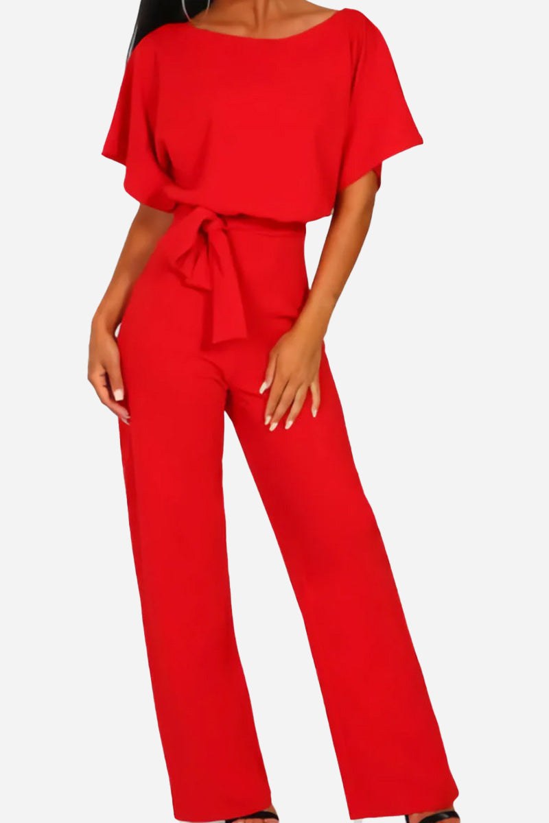 Women's Loose Fit Belted Jumpsuit with Flare Sleeves