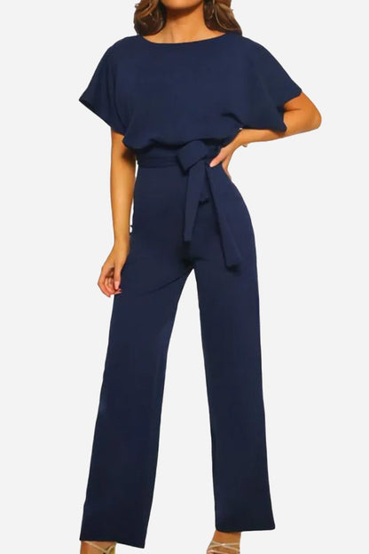 Women's Loose Fit Belted Jumpsuit with Flare Sleeves