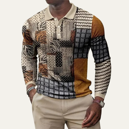 Men's Patchwork Polo Sweater Button Neck