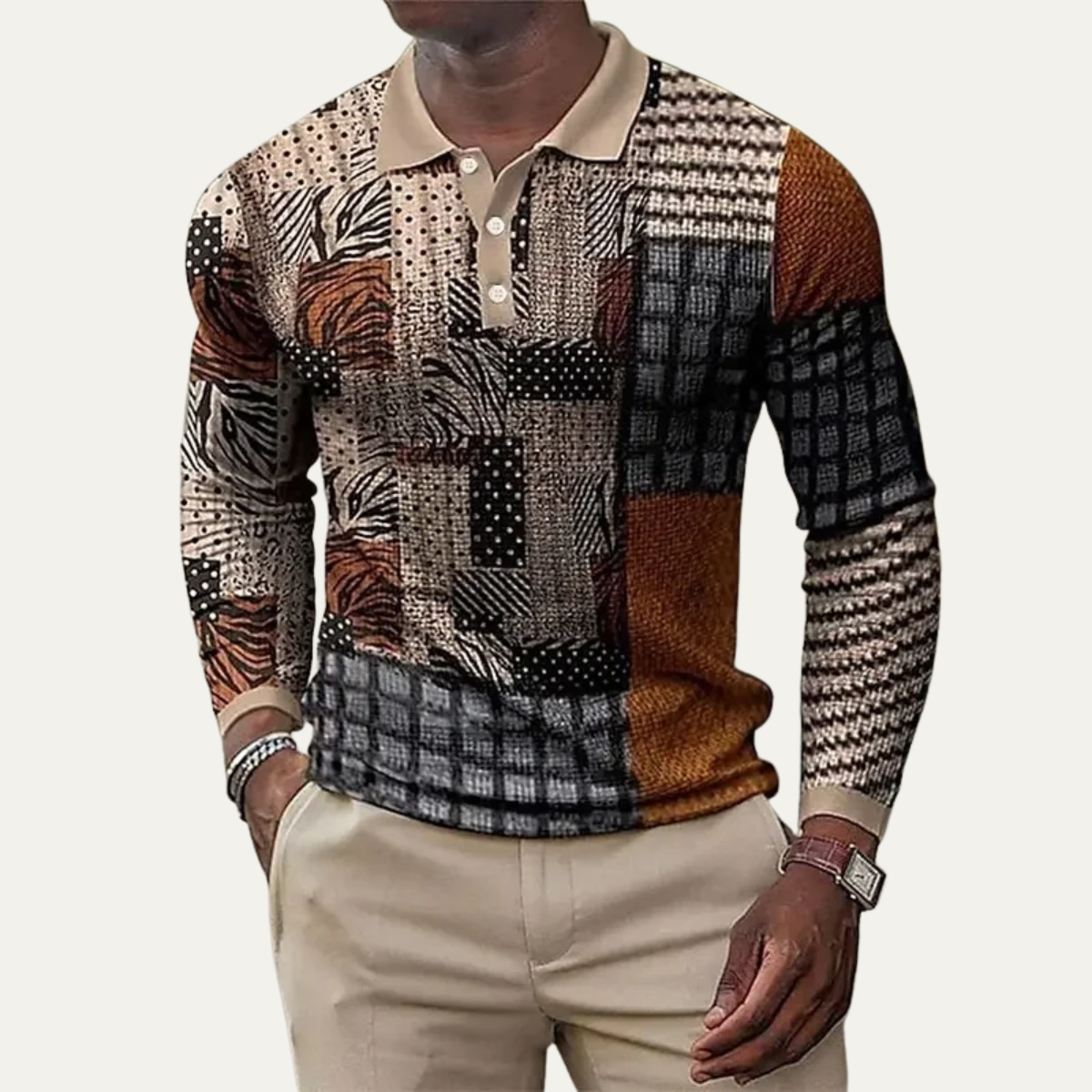 Men's Patchwork Polo Sweater Button Neck
