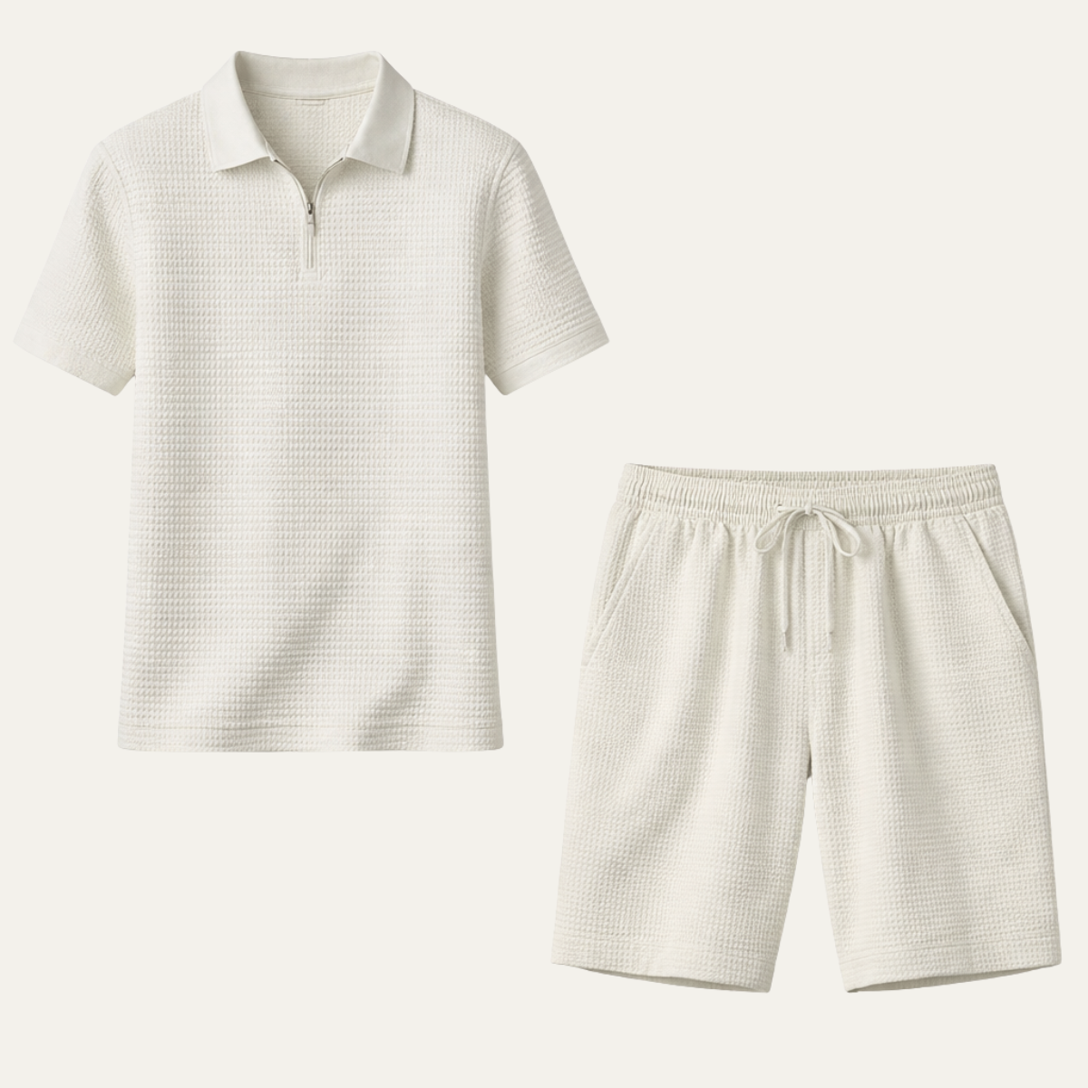 Men's Waffle Knit Polo Shirt And Shorts Set - VibreMode