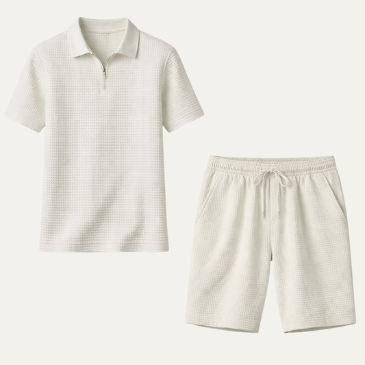Men's Waffle Knit Polo Shirt And Shorts Set - VibreMode