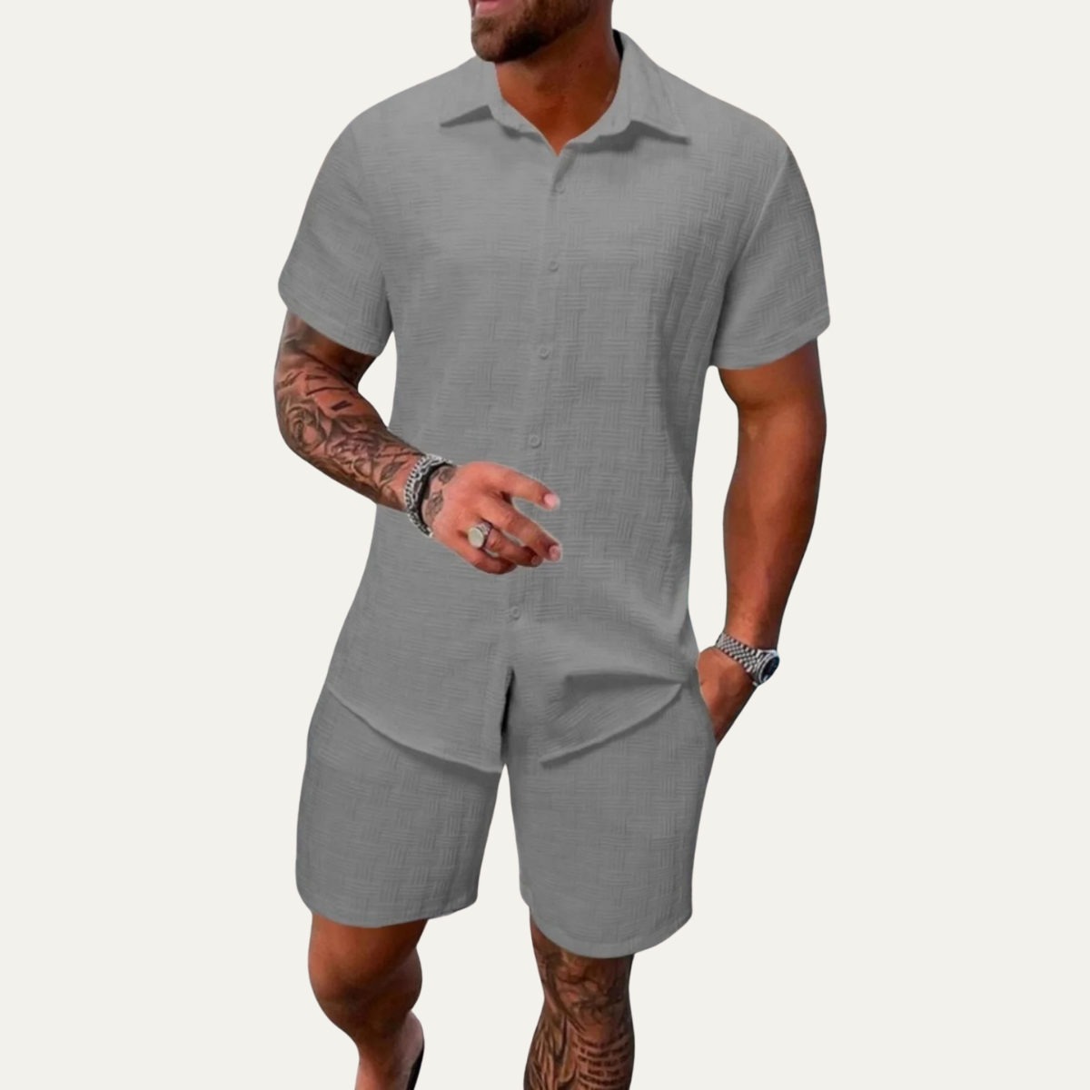Men's Summer Button Up Shirt Shorts Set