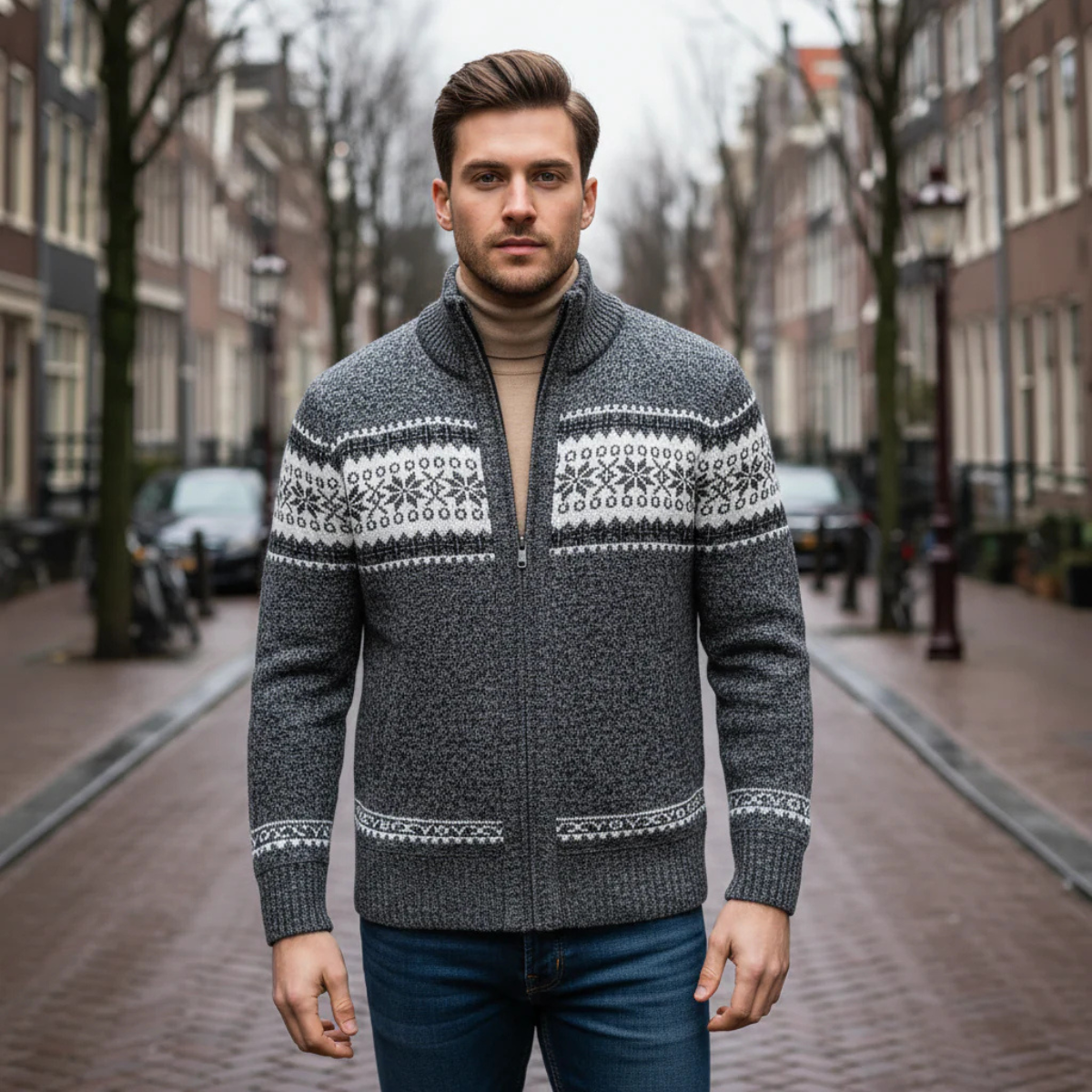 Men's Zip Up Knit Cardigan Nordic Pattern