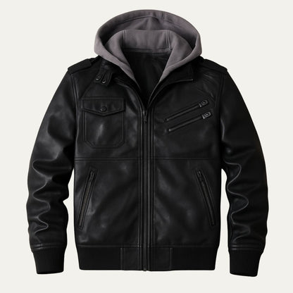 Men's Leather Bomber Jacket Hooded Classic Style