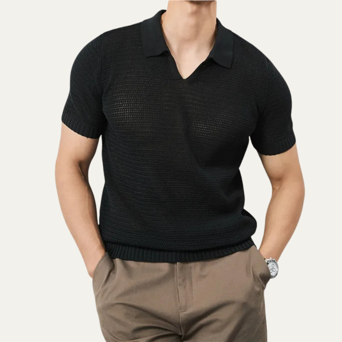 Men's Knitted Polo Shirt V Neck Breathable