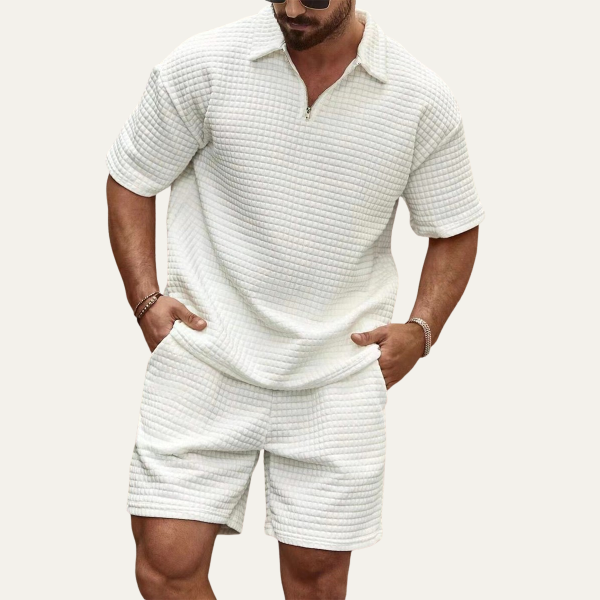 Men's Waffle Knit Polo Shirt And Shorts Set