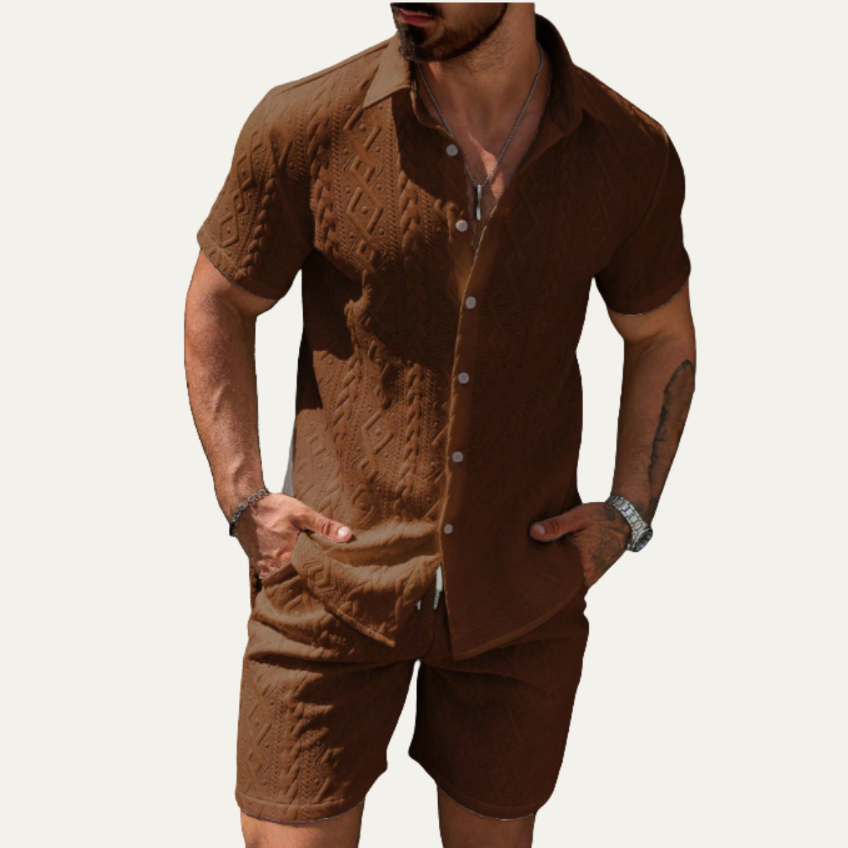 Men's Knitted Summer Shorts Set Cotton Shirt