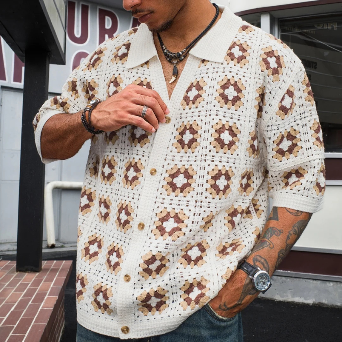 Men's Knitted Cardigan Mesh Shirt