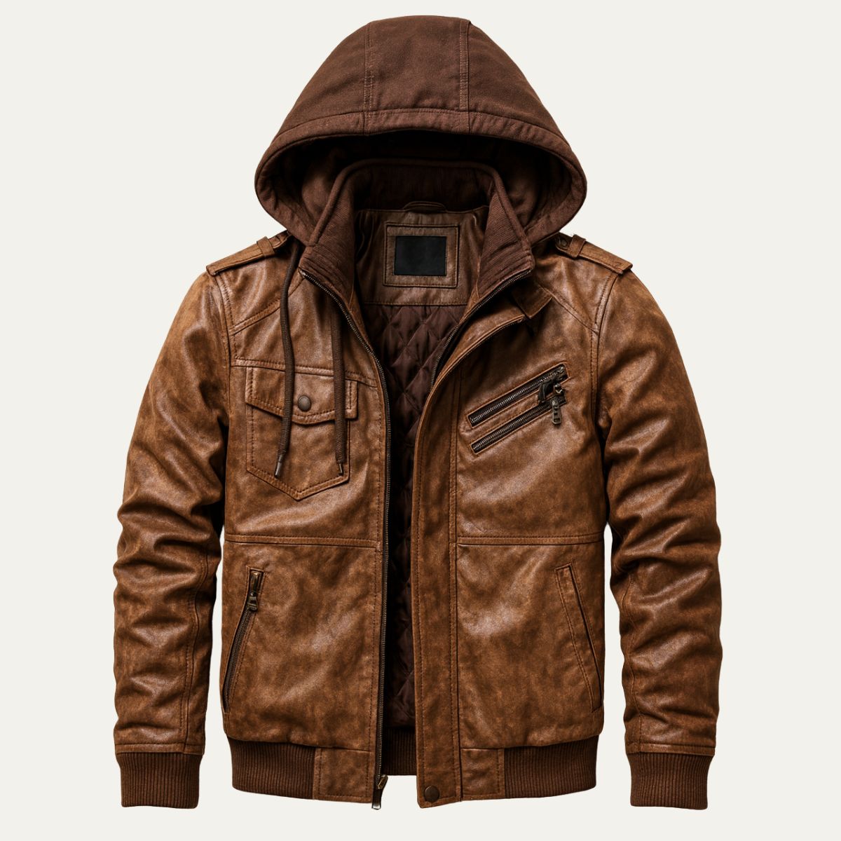 Men's Leather Bomber Jacket Hooded Classic Style - VibreMode