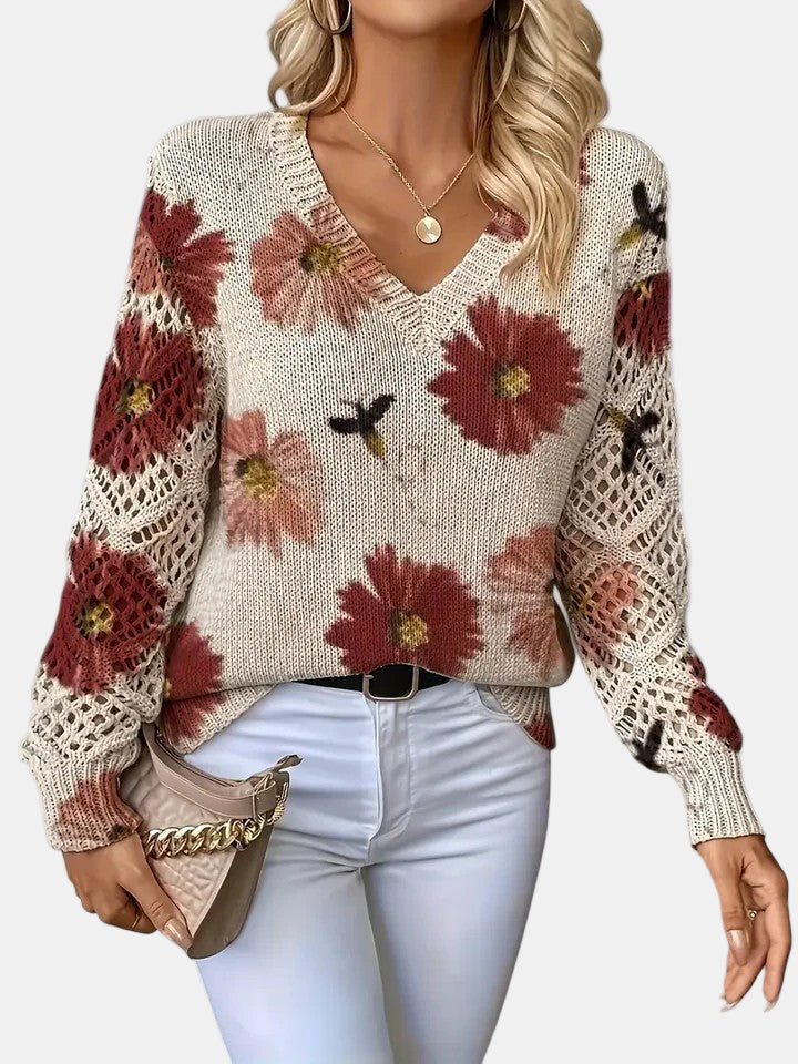 Women's V-Neck Sweater Floral Knit Pattern