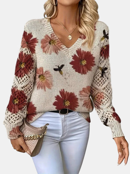 Women's V-Neck Sweater Floral Knit Pattern