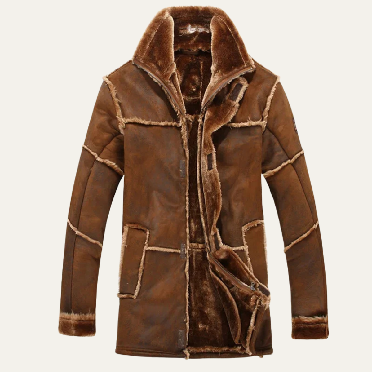Men's Shearling Suede Leather Coat Winter Warm
