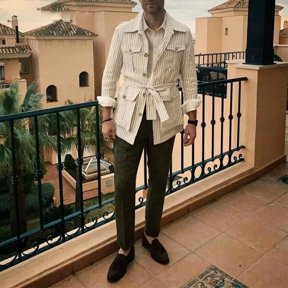 Men's Linen Shirt Striped Lightweight Beige