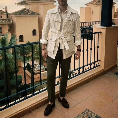 Men's Linen Shirt Striped Lightweight Beige