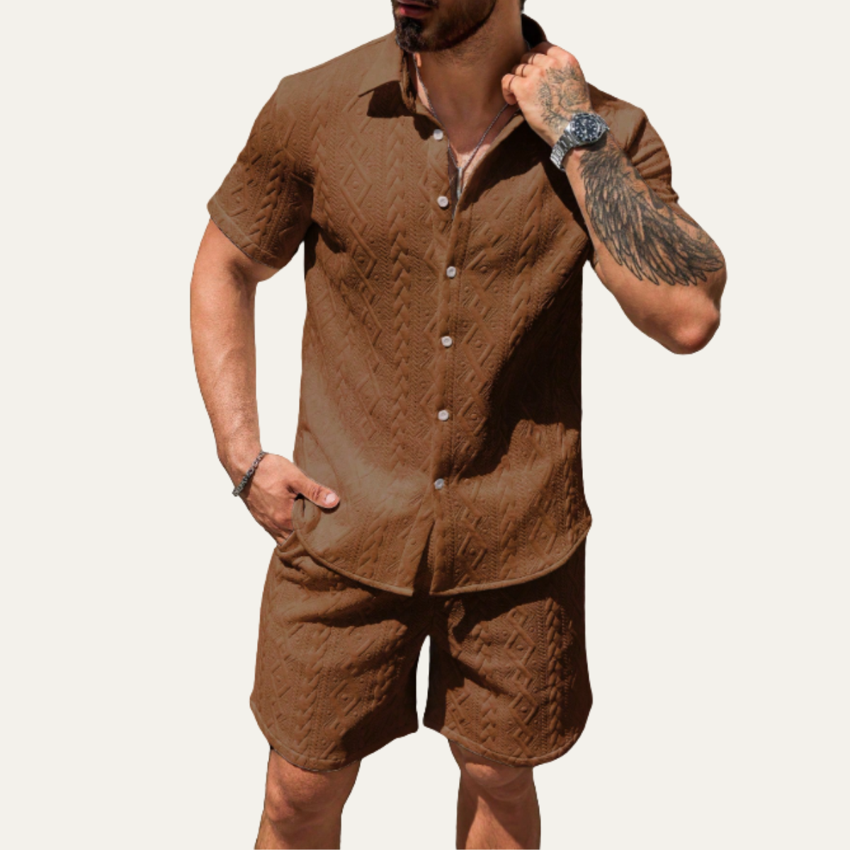 Men's Knitted Summer Shorts Set Cotton Shirt