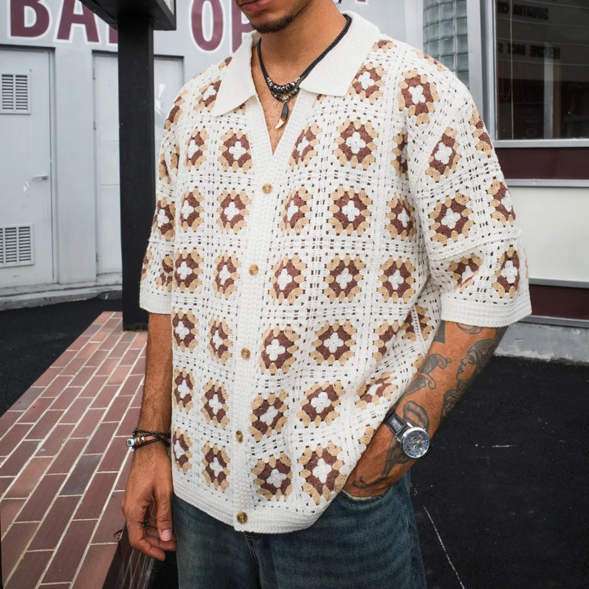 Men's Knitted Cardigan Mesh Shirt