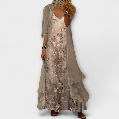 Beautiful Floral Maxi Dress with Cardigan Set - VibreMode