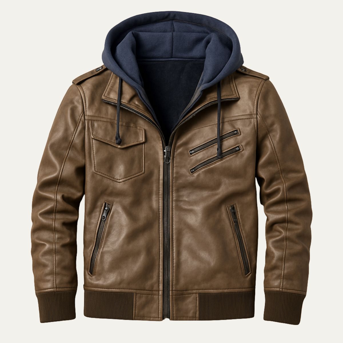 Men's Leather Bomber Jacket Hooded Classic Style