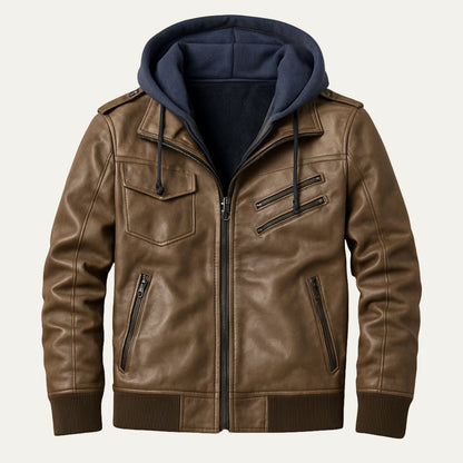 Men's Leather Bomber Jacket Hooded Classic Style