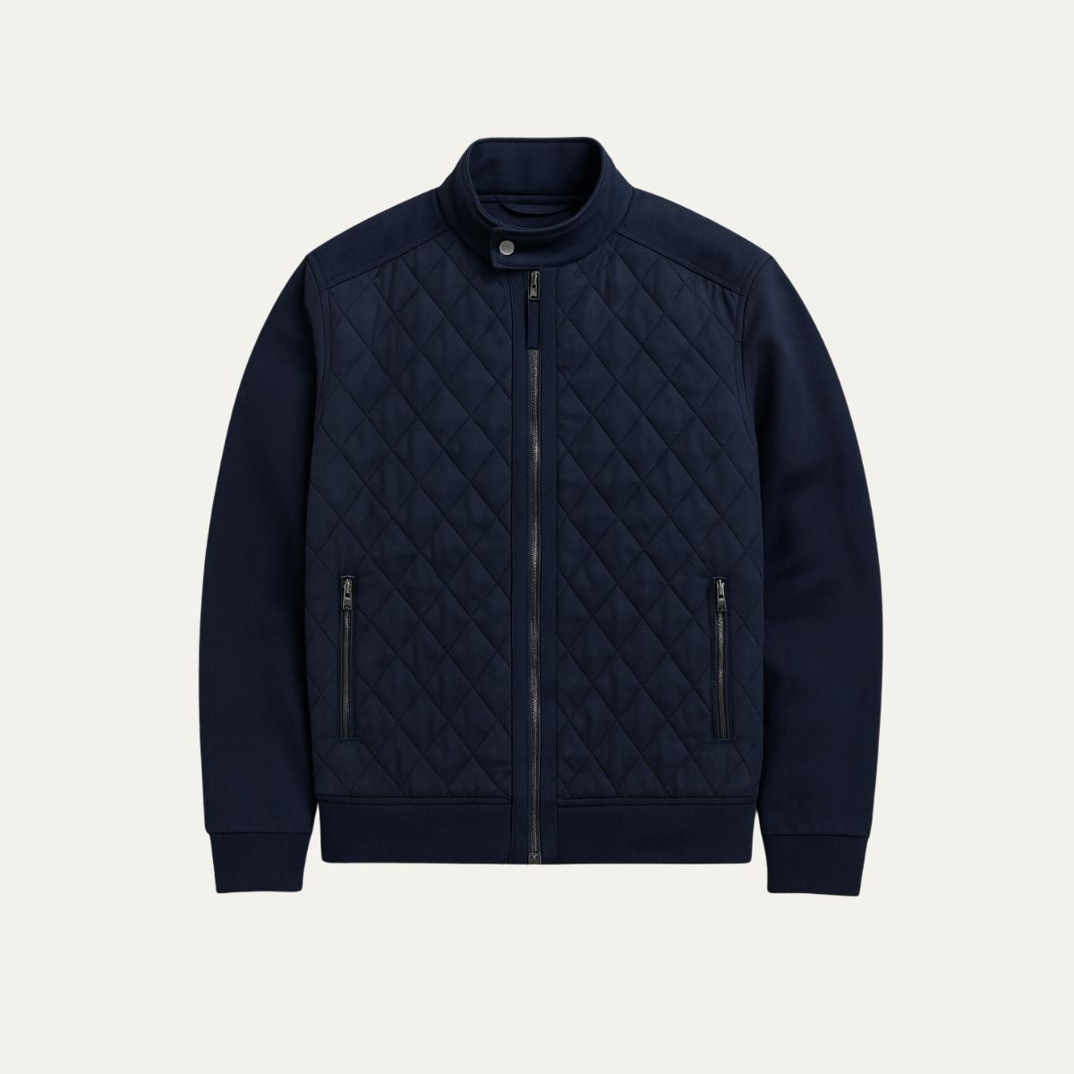 Men's Navy Blue Quilted Jacket Diamond Quilted Coat - VibreMode