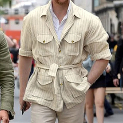 Men's Linen Shirt Striped Lightweight Beige