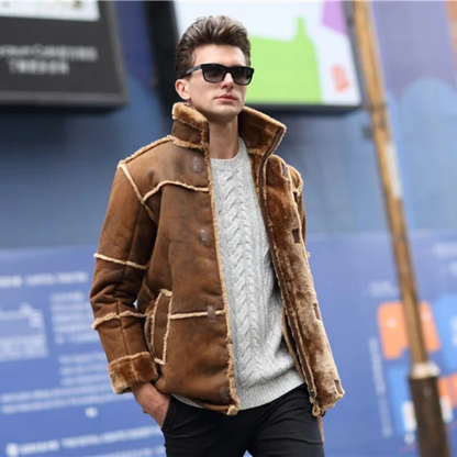 Men's Shearling Suede Leather Coat Winter Warm