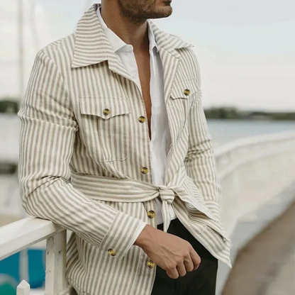 Men's Linen Shirt Striped Lightweight Beige