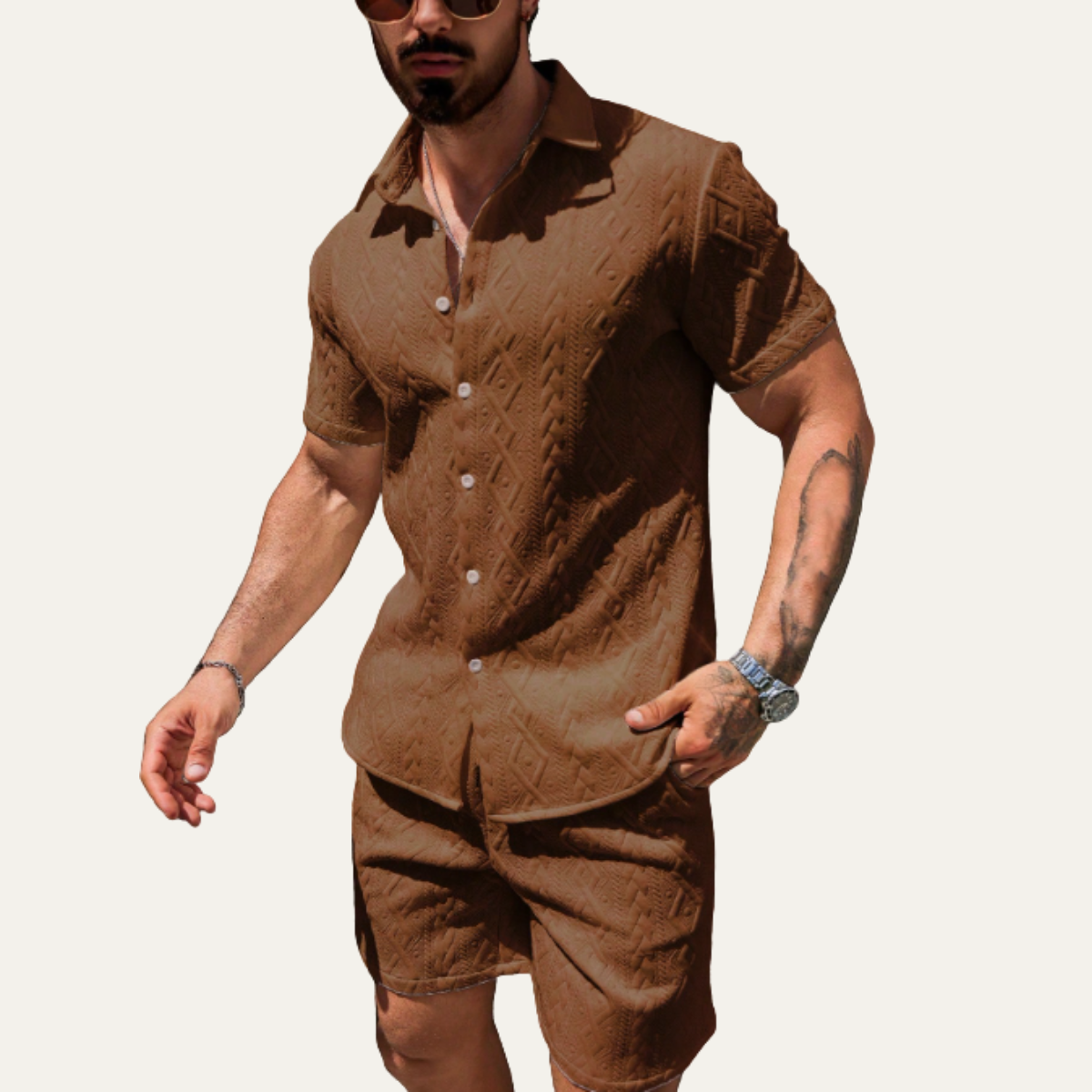 Men's Knitted Summer Shorts Set Cotton Shirt