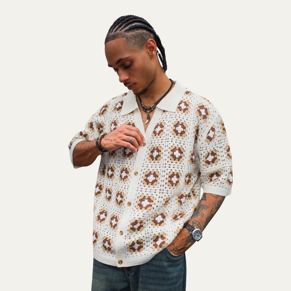Men's Knitted Cardigan Mesh Shirt